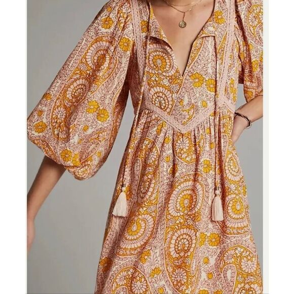 Anthropologie Agathe Lace Mini Dress Lace Neck Tie Tassels Pink gold size M - Picture 11 of 12